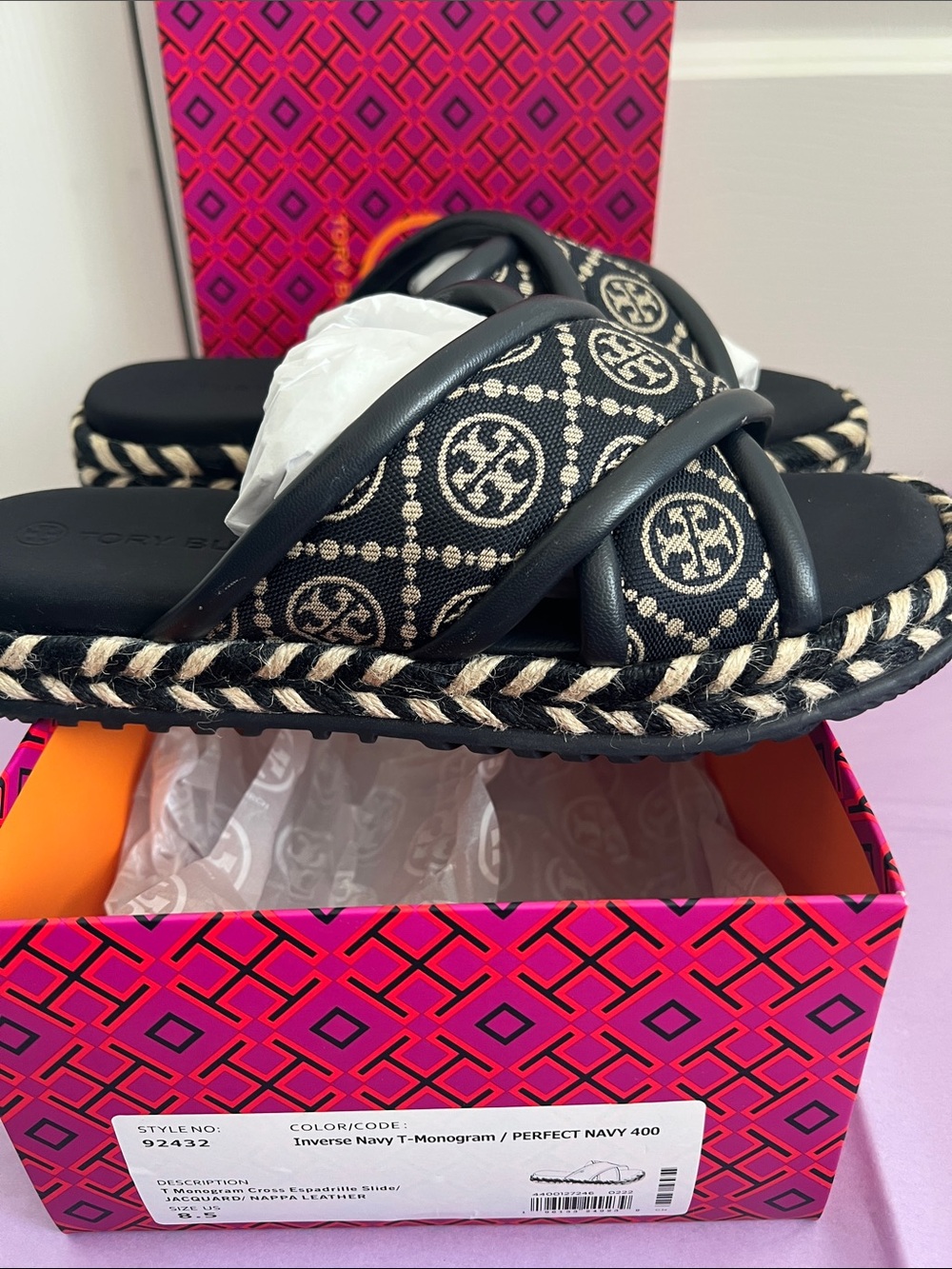 Tory Burch Perfect Navy T- Monogram Slide Sandals US W 8.5